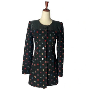 Vintage Y2K Suffle Printed Coat‎ with Leather Trim Small